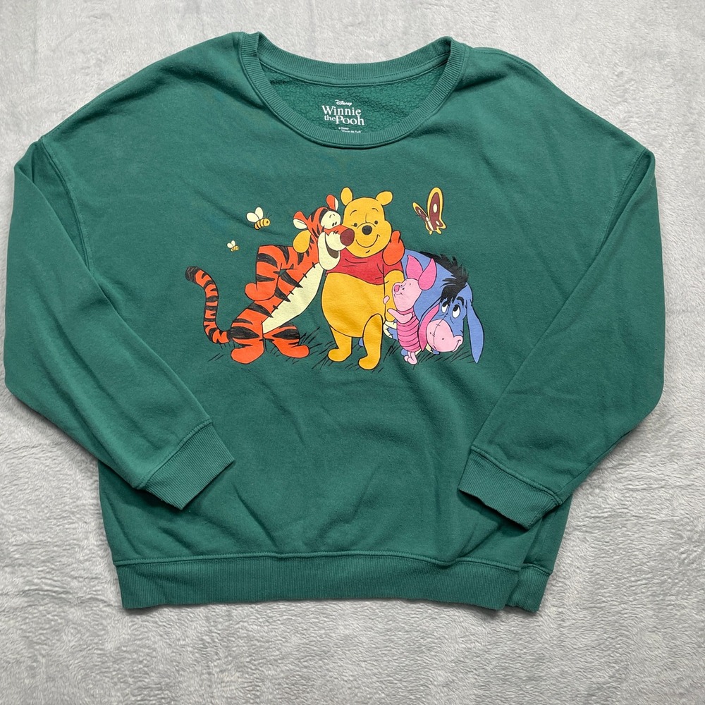 Disney Winnie the Pooh Sweatshirt Womens L Green Graphic Pullover Fleece Lined
